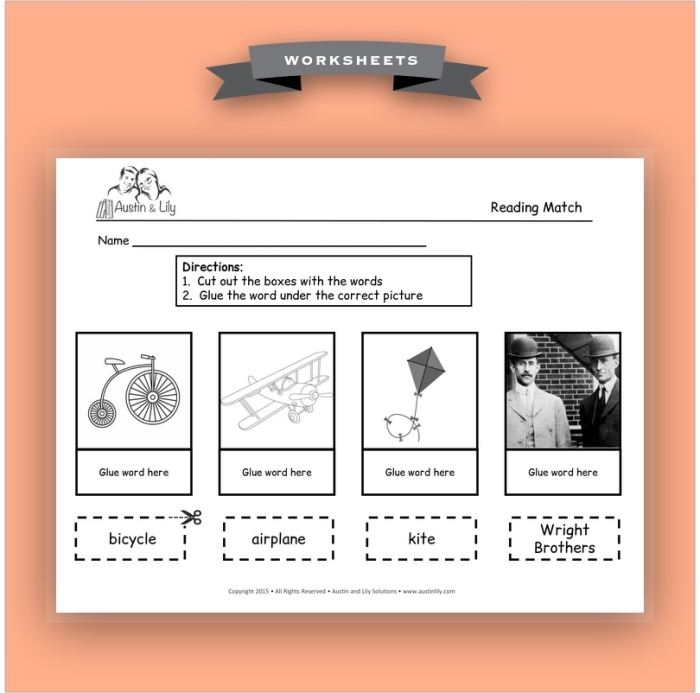 Third grade students completing a graphic organizer worksheet about the Wright Brothers main idea and supporting details