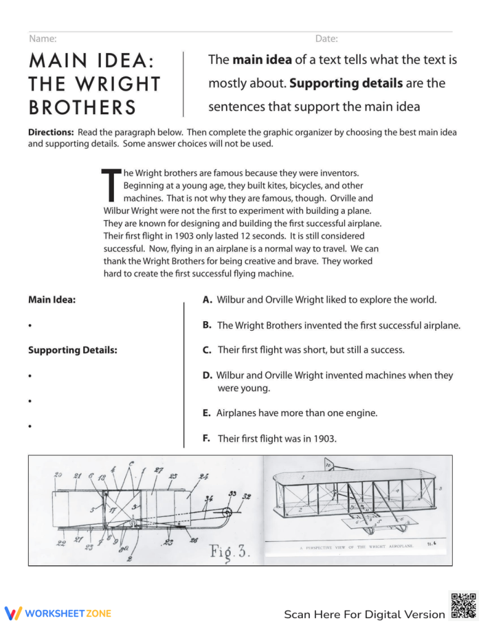 Third grade students use a graphic organizer to identify the main idea and supporting details in a reading passage about the Wright Brothers.