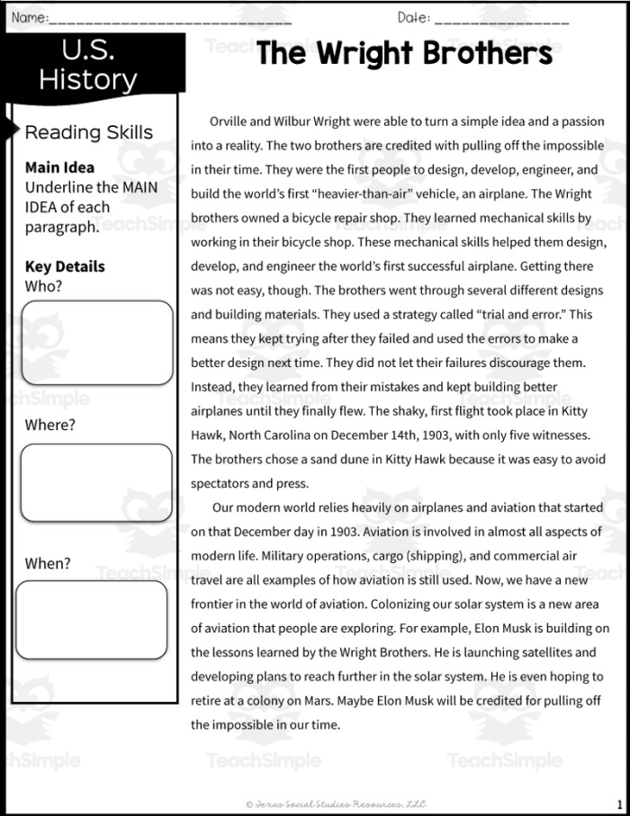 Third grade handwriting worksheet featuring a graphic organizer about the Wright Brothers main idea and supporting details