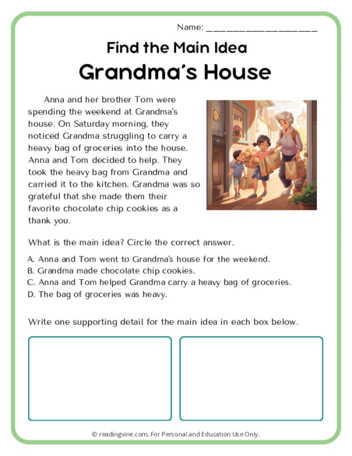 Third grade students complete a graphic organizer worksheet identifying the main idea and supporting details about the Wright Brothers from a short text passage