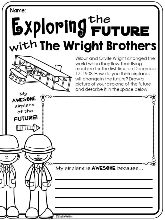 Third grade student handwriting worksheet featuring a graphic organizer about the Wright Brothers main idea