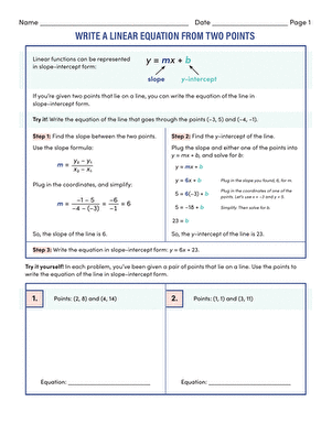 Write a Linear Equation From the Slope and a Point worksheet for Eighth Grade