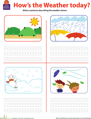Kids writing sentences about different weather conditions in a worksheet. Write About the Weather worksheet for first graders.