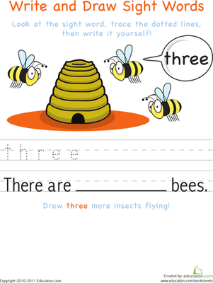Worksheet for practicing the sight word "three" with writing and drawing activities