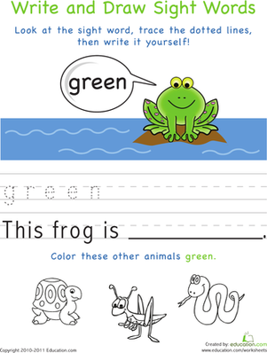 Kindergarten sight word worksheet featuring the word green for children to trace, write, and color
