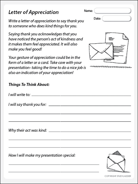 Worksheet for writing a letter of appreciation to oneself, designed for sixth graders