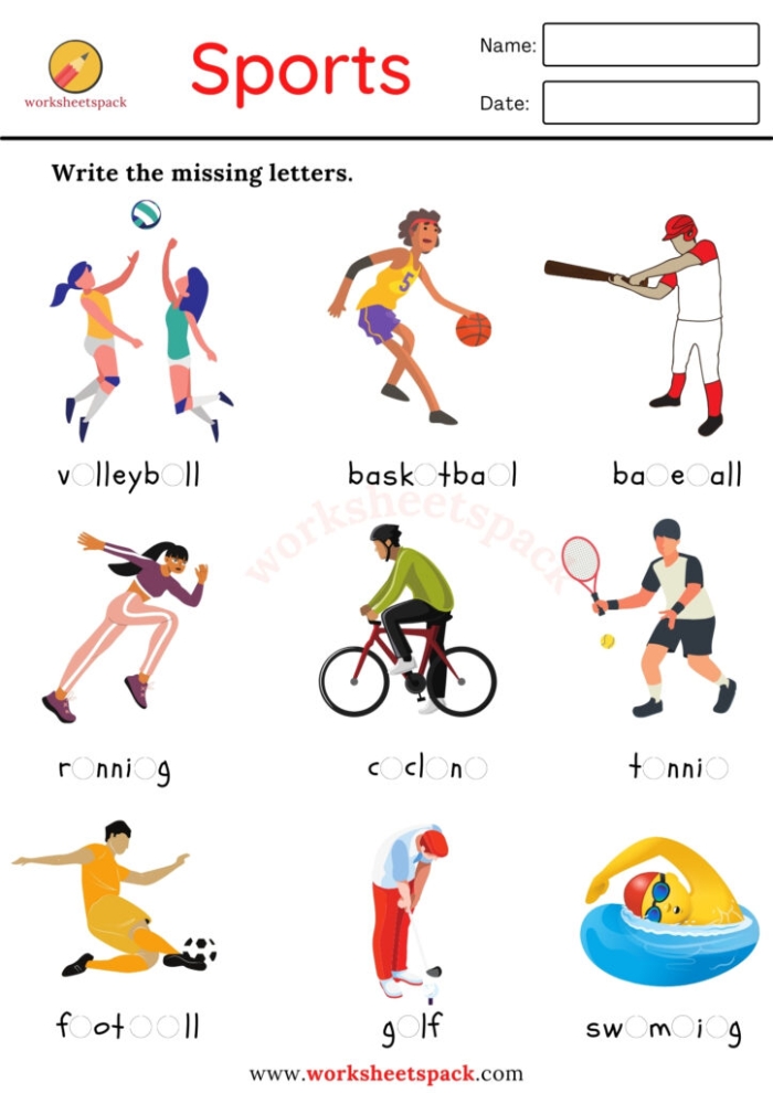 Write the Missing Letter: Sports Fun Worksheet for Early Learning Worksheet for kindergartners to practice writing missing letters in sports-themed words
