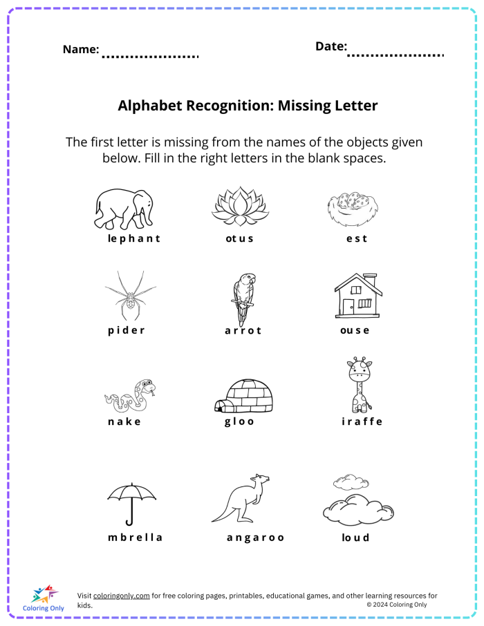 Kindergarten phonics worksheet featuring adorable animals with missing initial letters for children to fill in