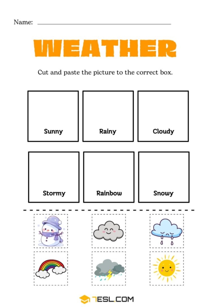 Subtraction worksheet for Kindergarten Children's worksheet titled "Write the Missing Letter: How's the Weather?" for kindergarten students focusing on weather vocabulary. Engaging activity where kids fill in the first letter of each weather-related word.