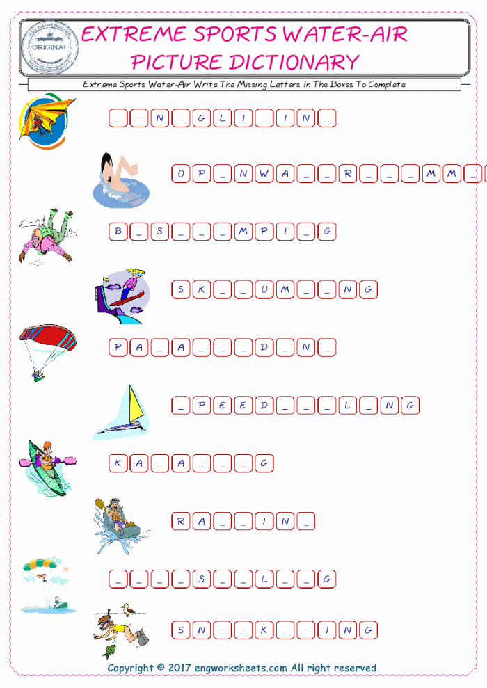 Write the Missing Letter: Sports Fun worksheet for early learning Fun worksheet for kindergartners to practice writing letters related to sports