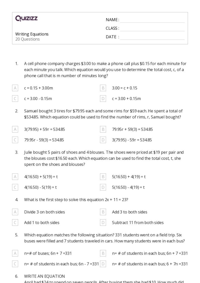 Worksheet featuring mixed operation word problems to develop algebraic skills in sixth graders