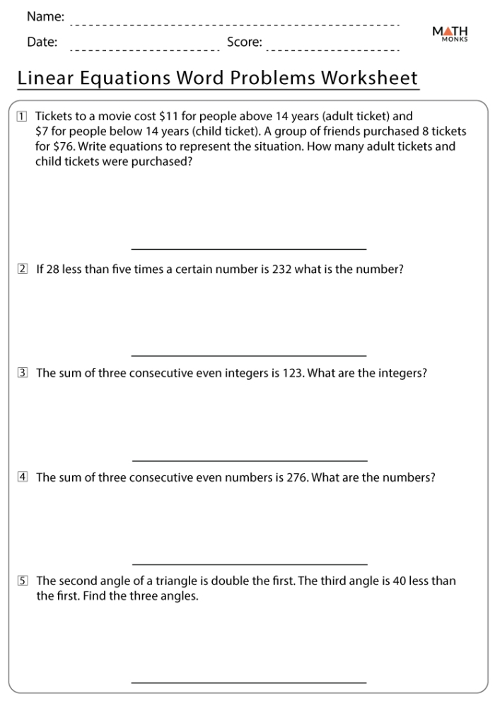 Worksheet illustrating how to write and solve equations from word problems for sixth graders