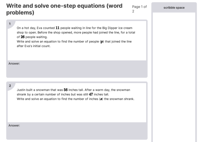 Worksheet featuring word problems that require writing and solving equations for sixth graders