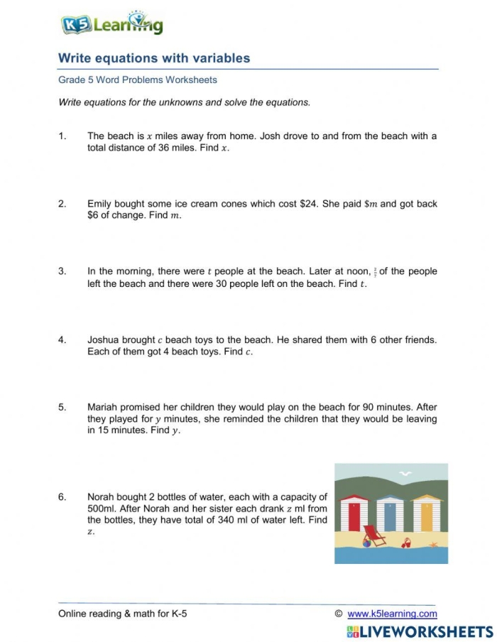 Worksheet featuring mixed operation word problems for sixth graders to practice writing and solving equations