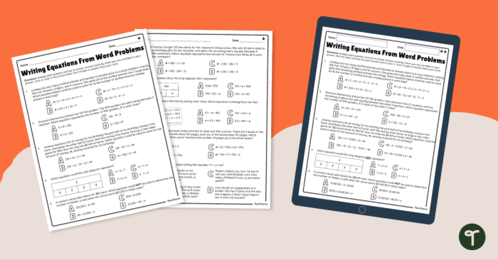 Worksheet featuring mixed operation word problems to help sixth graders write and solve equations. Engaging resource for developing algebraic reasoning in real-world contexts.