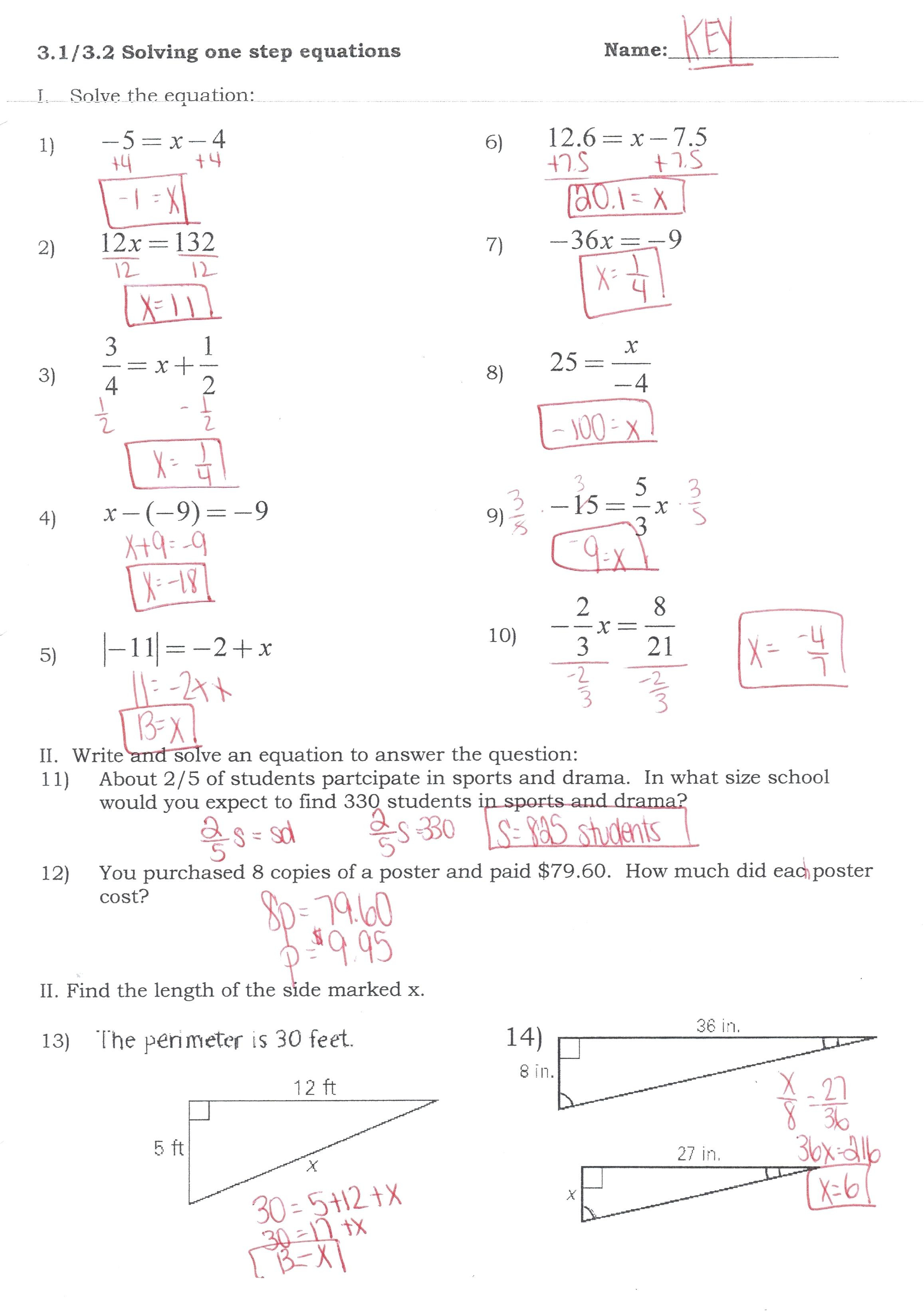Worksheet featuring equations from real-world word problems for sixth graders