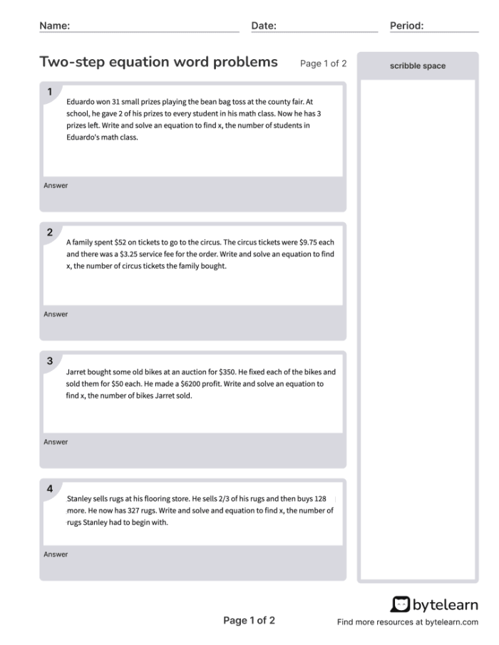 Sixth grade student solving algebraic word problems on a printable worksheet