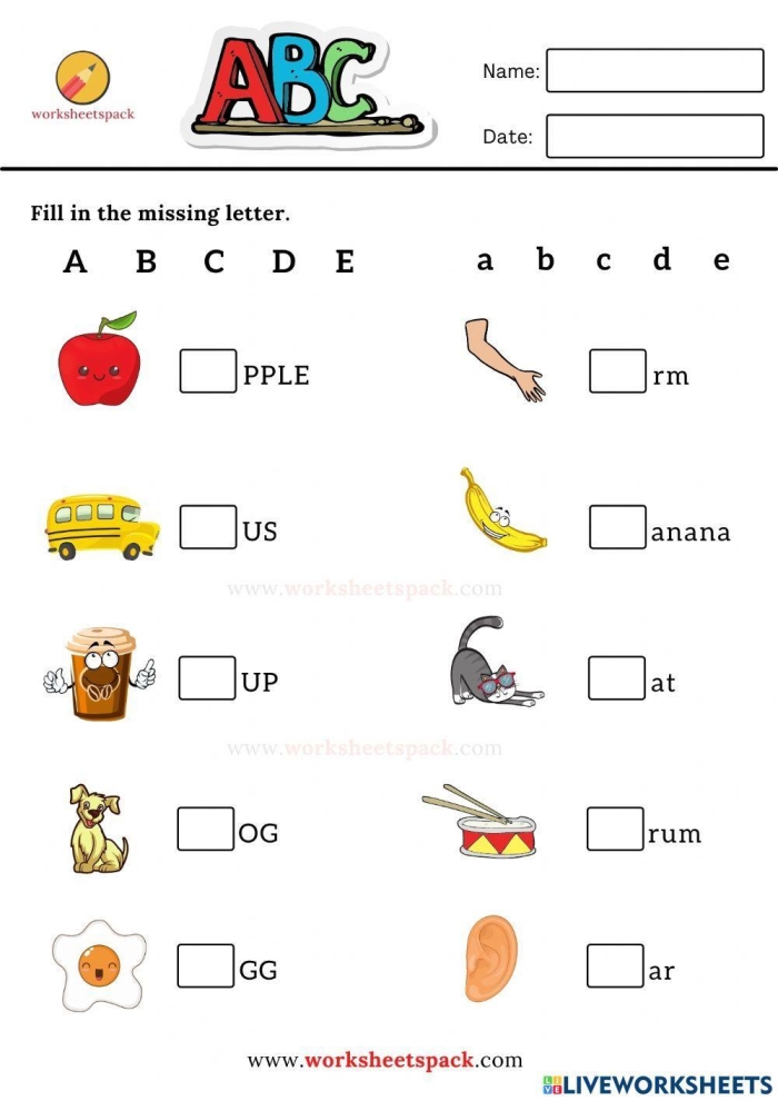 Kindergarten student completing the Write the Missing Letter Super Pets phonics worksheet