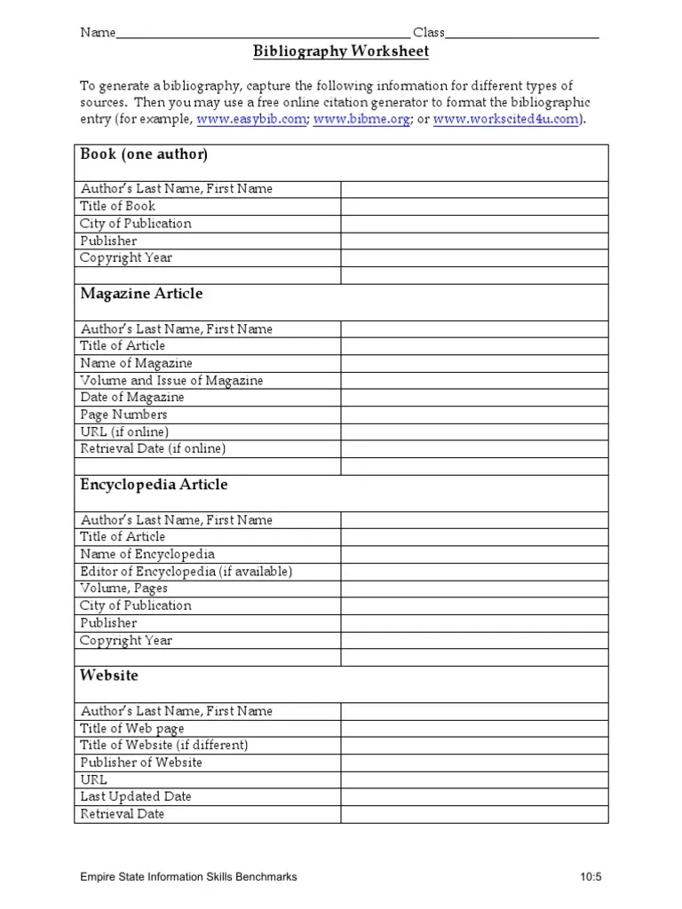 Educational resource for teaching proper bibliography formatting in middle school Writing a Bibliography worksheet for 6th graders focusing on MLA 8th edition citations