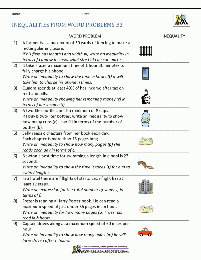Worksheet featuring sixth graders practicing writing real-world inequalities with variables
