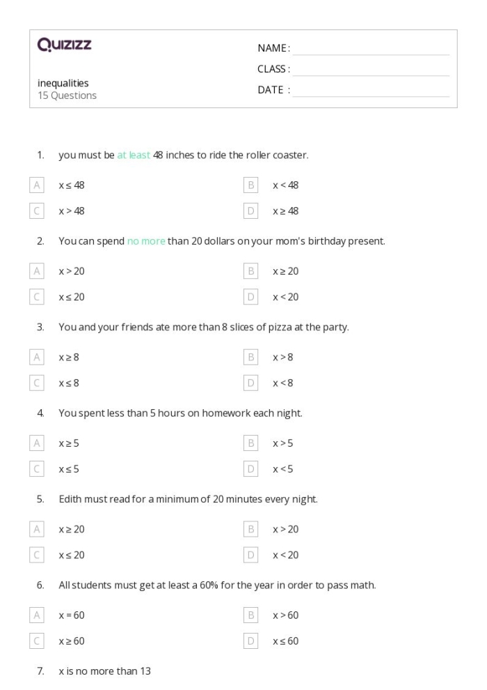 Sixth grade students matching algebra word problems to inequality equations on a vocabulary worksheet