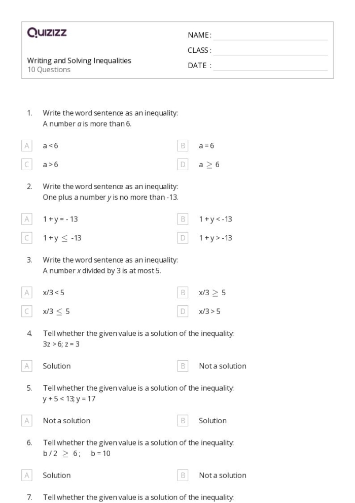 Sixth grade math worksheet featuring practice problems for writing inequalities from real-world scenarios