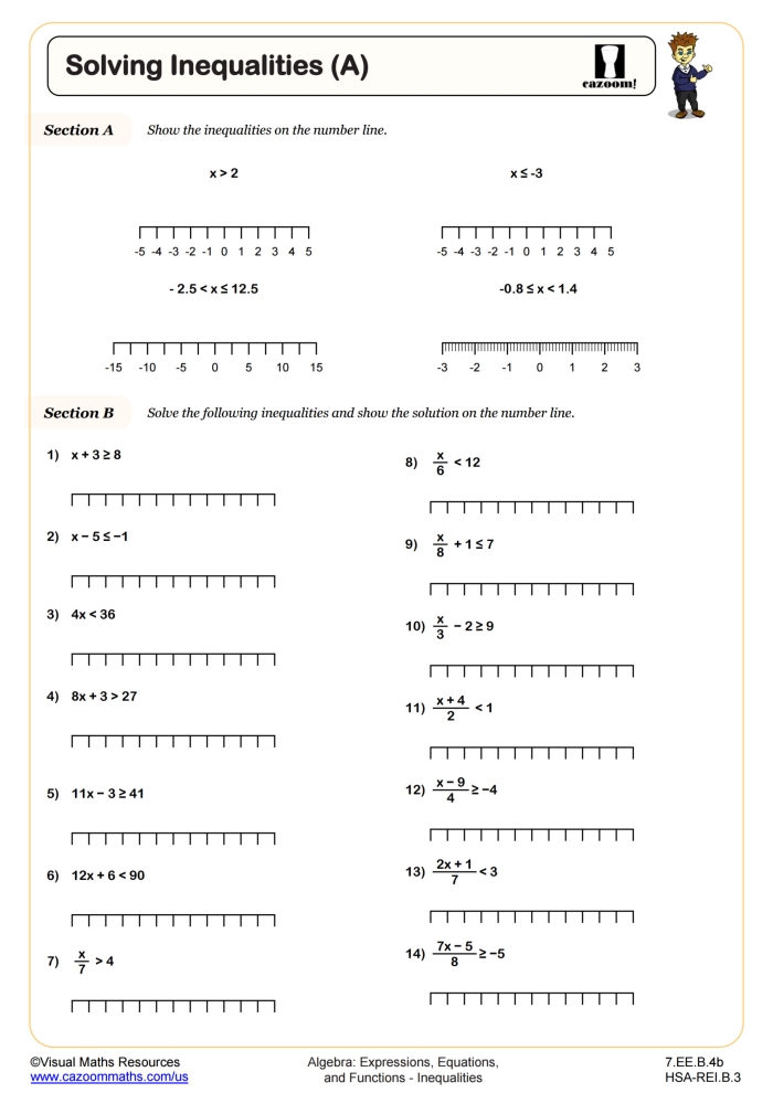 Sixth grade math worksheet featuring practice problems for writing inequalities from real-world scenarios