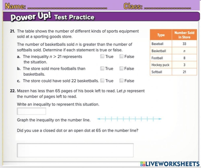 Writing Inequalities worksheet for sixth graders with real-world examples