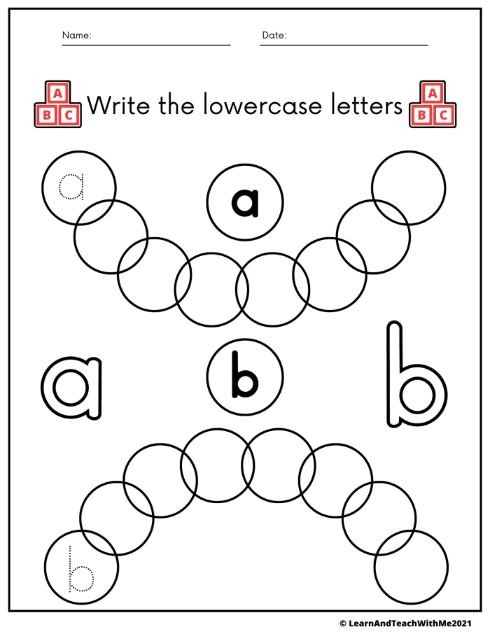 Alphabet Writing Lowercase Letters Worksheet Number 22 Kindergarten student tracing and writing lowercase letters on an alphabet worksheet 22