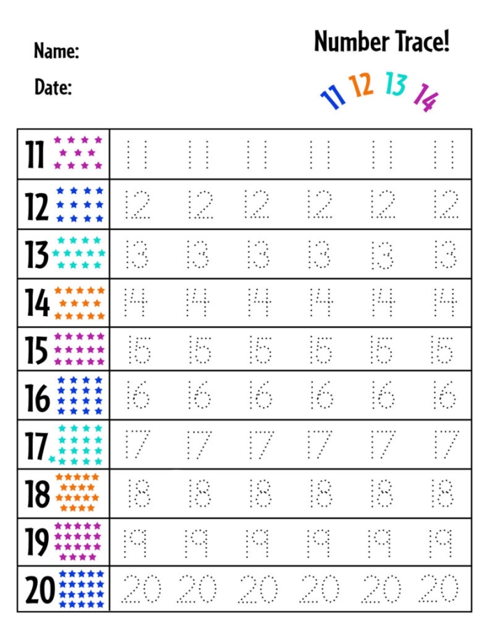 First grade student worksheet for practicing writing the numbers 11 through 20