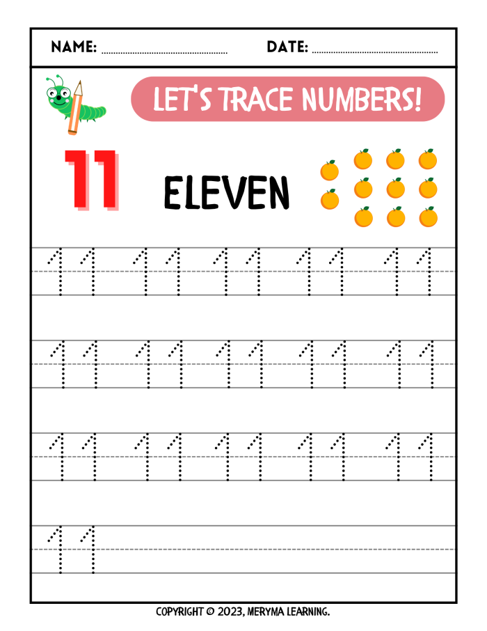 Worksheet for first graders to practice writing numbers 11-20 with tracing exercises