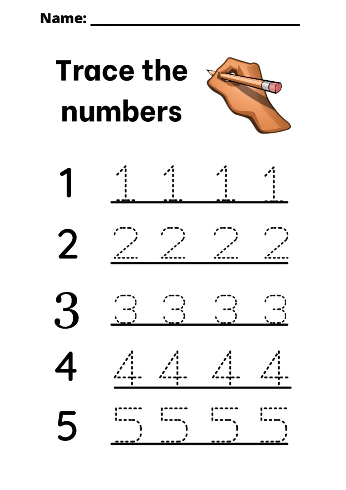 Pre-K student practicing writing numbers one through ten in different formats on a worksheet activity