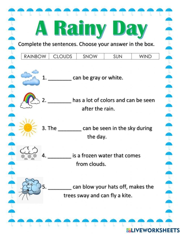 Pre-K student worksheet featuring a rainy day theme with prompts for favorite indoor activities