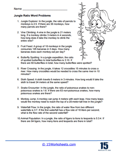 Sixth grade math worksheet featuring word problems for students to practice writing ratios