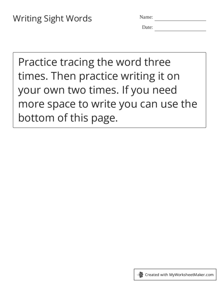 Engaging Writing Sight Words activity for Pre-K learners Worksheet for practicing sight words with preschool children