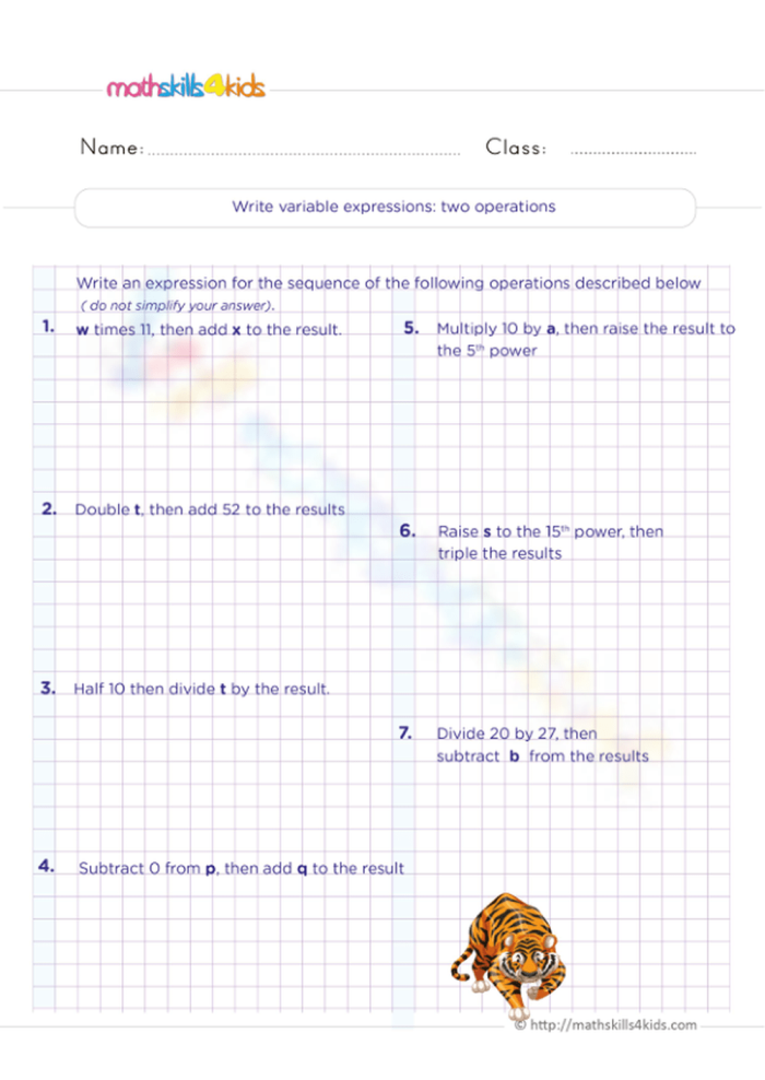 Sixth grade math worksheet showing examples of writing variable expressions with one operation