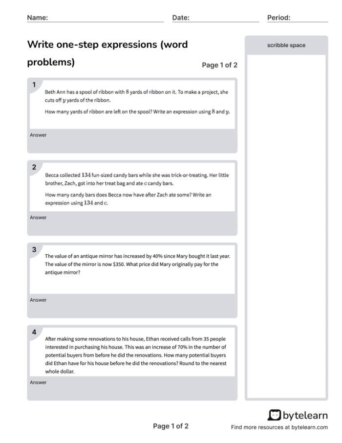 Sixth grade math worksheet featuring algebra word problems for practice with writing variable expressions