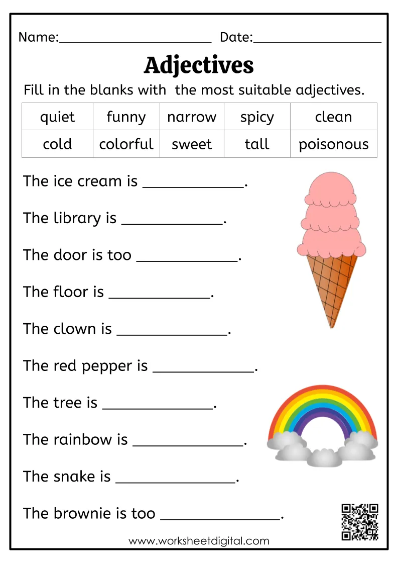 Engaging worksheet for enhancing descriptive writing skills in young learners Writing With Adjectives worksheet illustrating sensory word comparisons for third graders