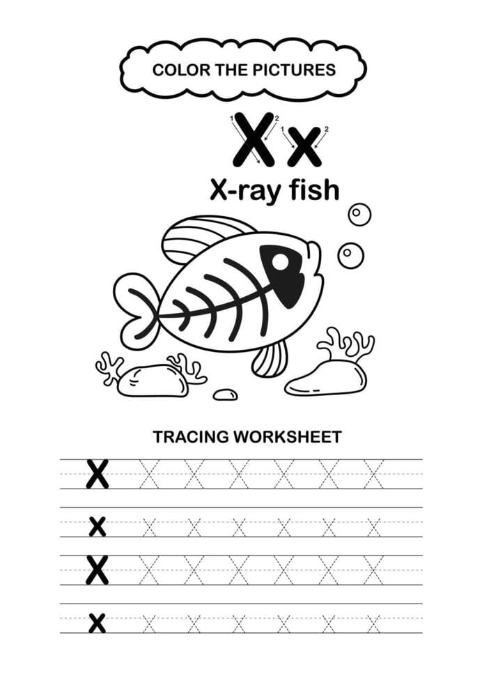 X is for X-Ray Fish Alphabet Coloring Sheet 15 A coloring page featuring a friendly X-ray fish with visible skeleton details for preschool students to decorate.