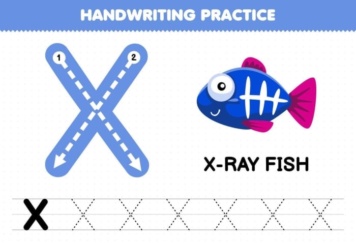 X is for X-Ray Fish Alphabet Worksheet for Preschoolers Pre-K worksheet featuring an X-ray fish for children to color