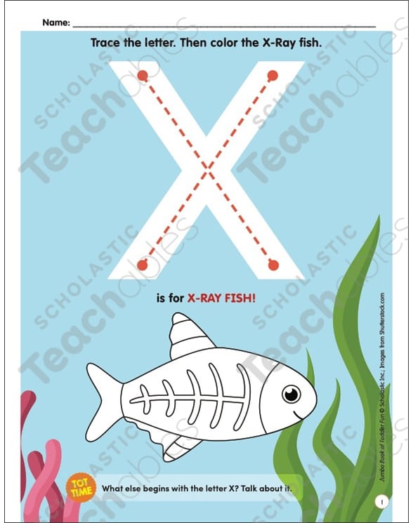 Fun X is for X-Ray Fish coloring activity for Pre-K students X-ray fish worksheet for kids to color and learn about the alphabet