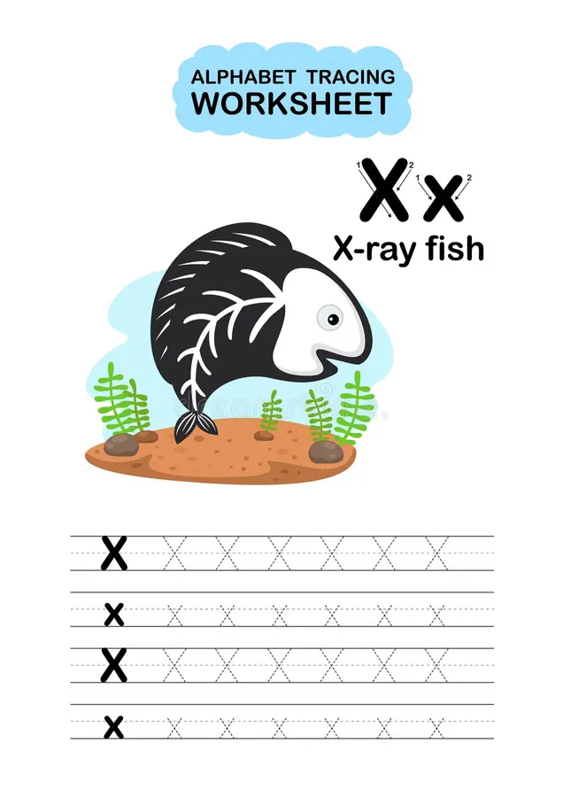 X is for X-Ray Fish worksheet page 18 Colorable X-ray fish alphabet worksheet for Pre-K students
