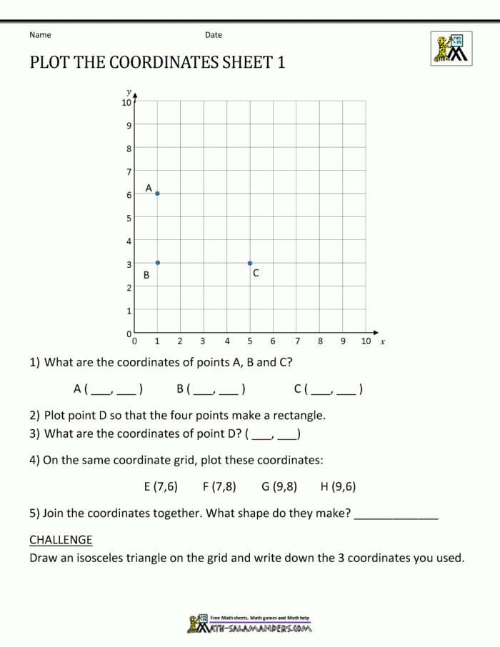XY Coordinate Plane worksheet for fifth graders focusing on plotting points on a graph