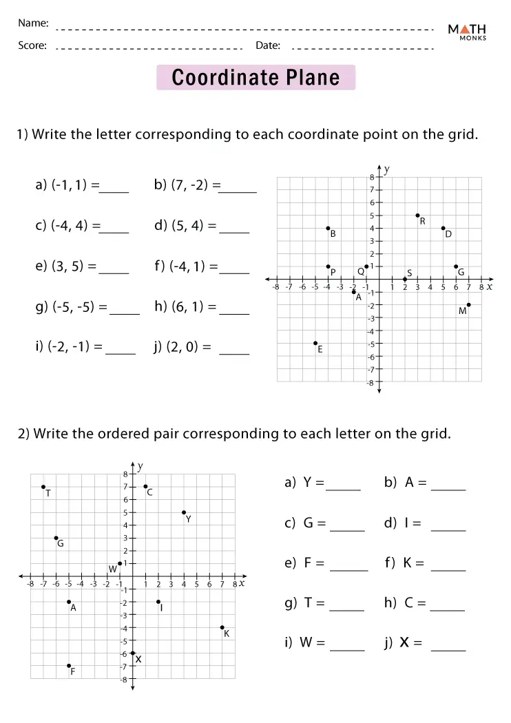 Fifth grade math worksheet featuring an XY coordinate plane for practicing point plotting and axis identification