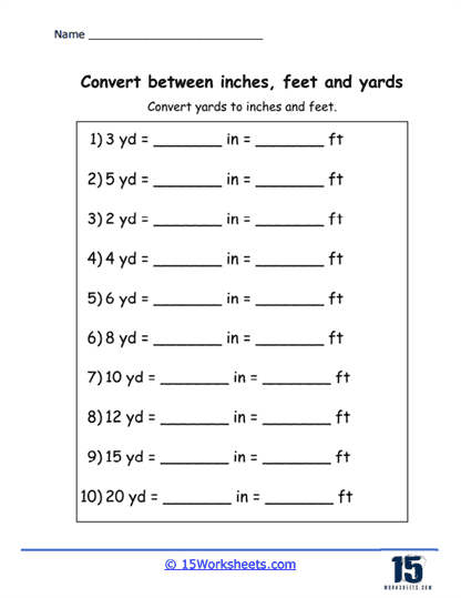 Fifth grade worksheet for converting measurements between yards, feet, and inches with word problems