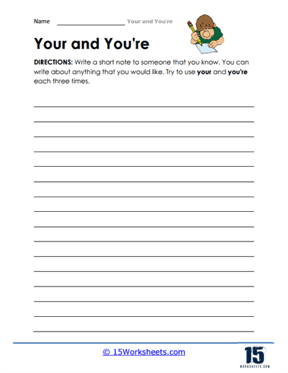 Engaging fill-in-the-blank story activity for mastering you're and your Worksheet image illustrating the difference between you're and your for third graders