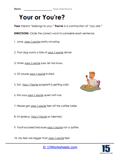 Third grade worksheet on mastering you're vs your through fill-in-the-blank exercises Worksheet for practicing the difference between you're and your for third graders