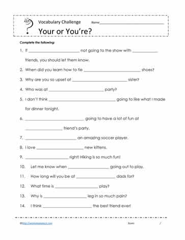 Engaging fill-in-the-blank activity for mastering you're and your Worksheet illustrating the difference between you're and your for third graders