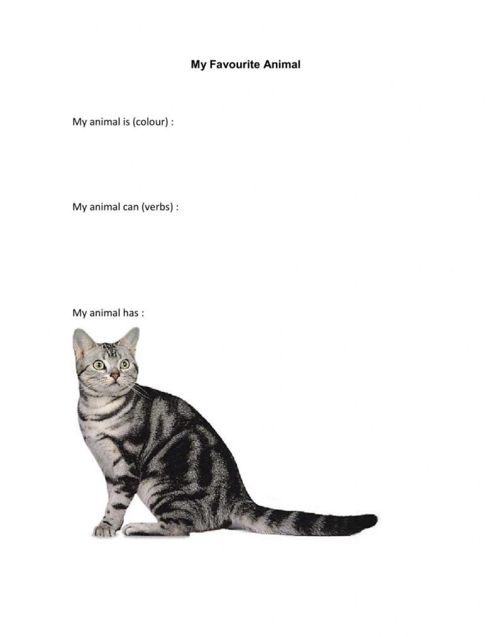 Worksheet featuring a second-grade student writing about their favorite animal and listing facts. Your Favorite Animal worksheet for learning decimals in second grade.