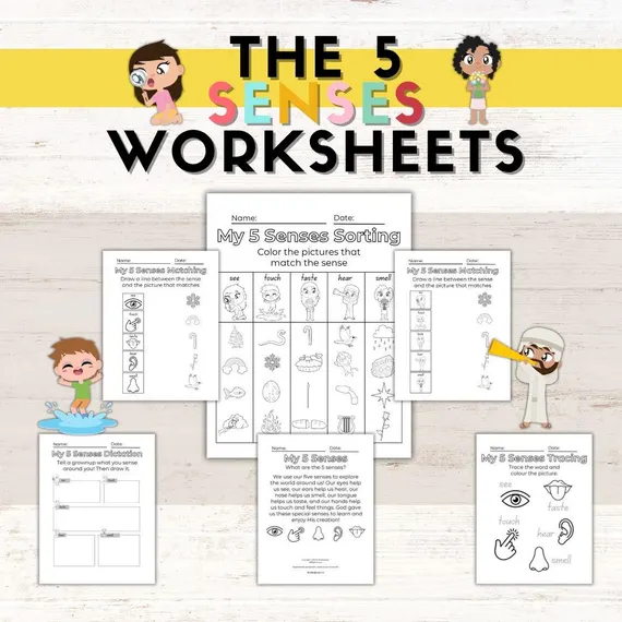 Preschool students matching pictures to the correct body parts on the Your Five Senses worksheet